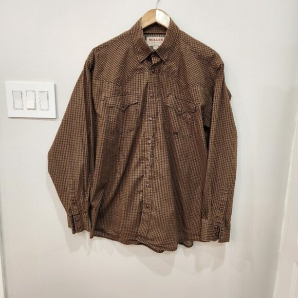 Miller Ranch Shirt Mens Large Brown Pearl Snap Western Cowboy Rodeo 100% Cotton - Picture 1 of 12